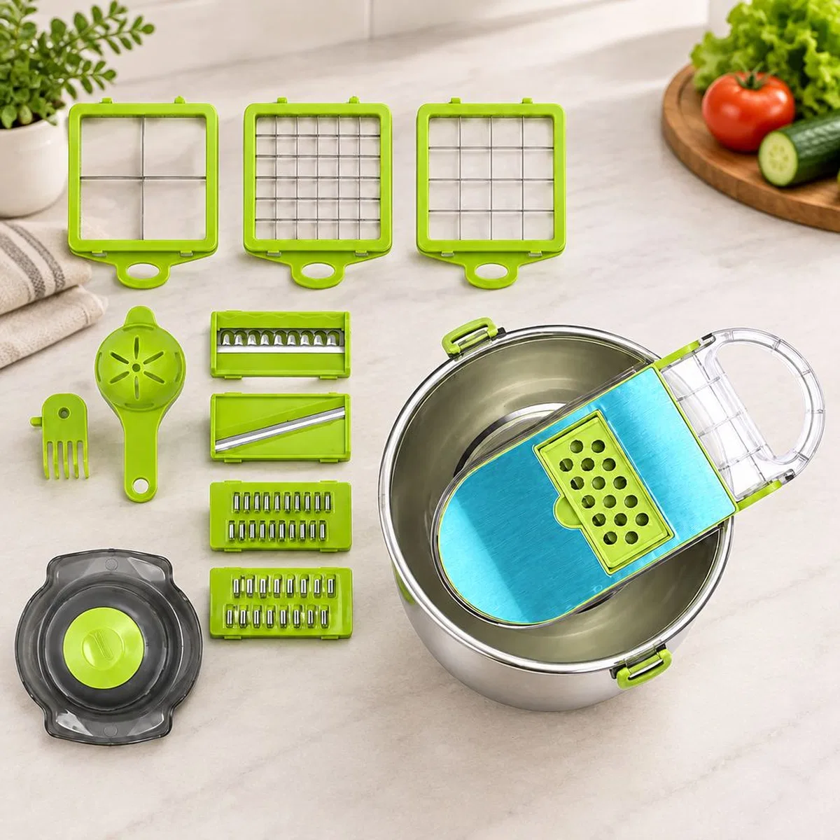 Hazneli 9-in-1 Çok Fonksiyonlu Sebze Dilimleyici ve Doğrayıcı