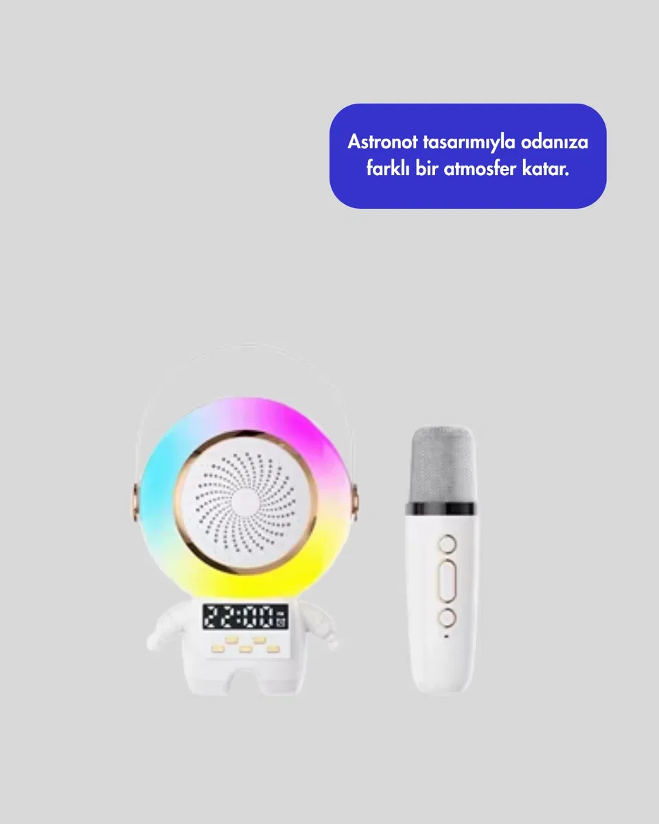 RGB Işıklı Astronot Bluetooth Hoparlör Karaoke Mikrofonlu görsel 3