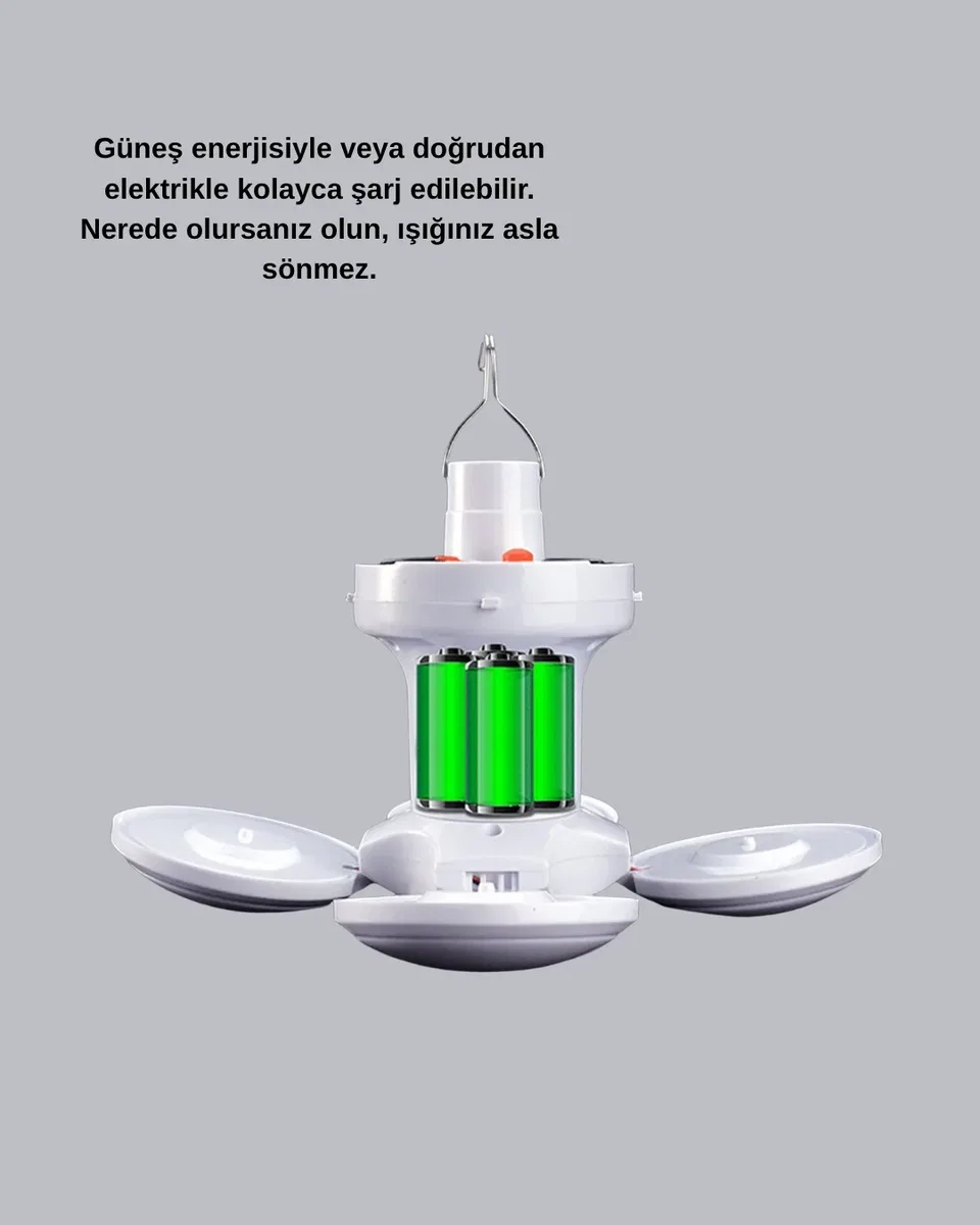 Solar Güneş Enerjili ve USB Şarjlı 5 Kanatlı LED Kamp Lambası görsel 2