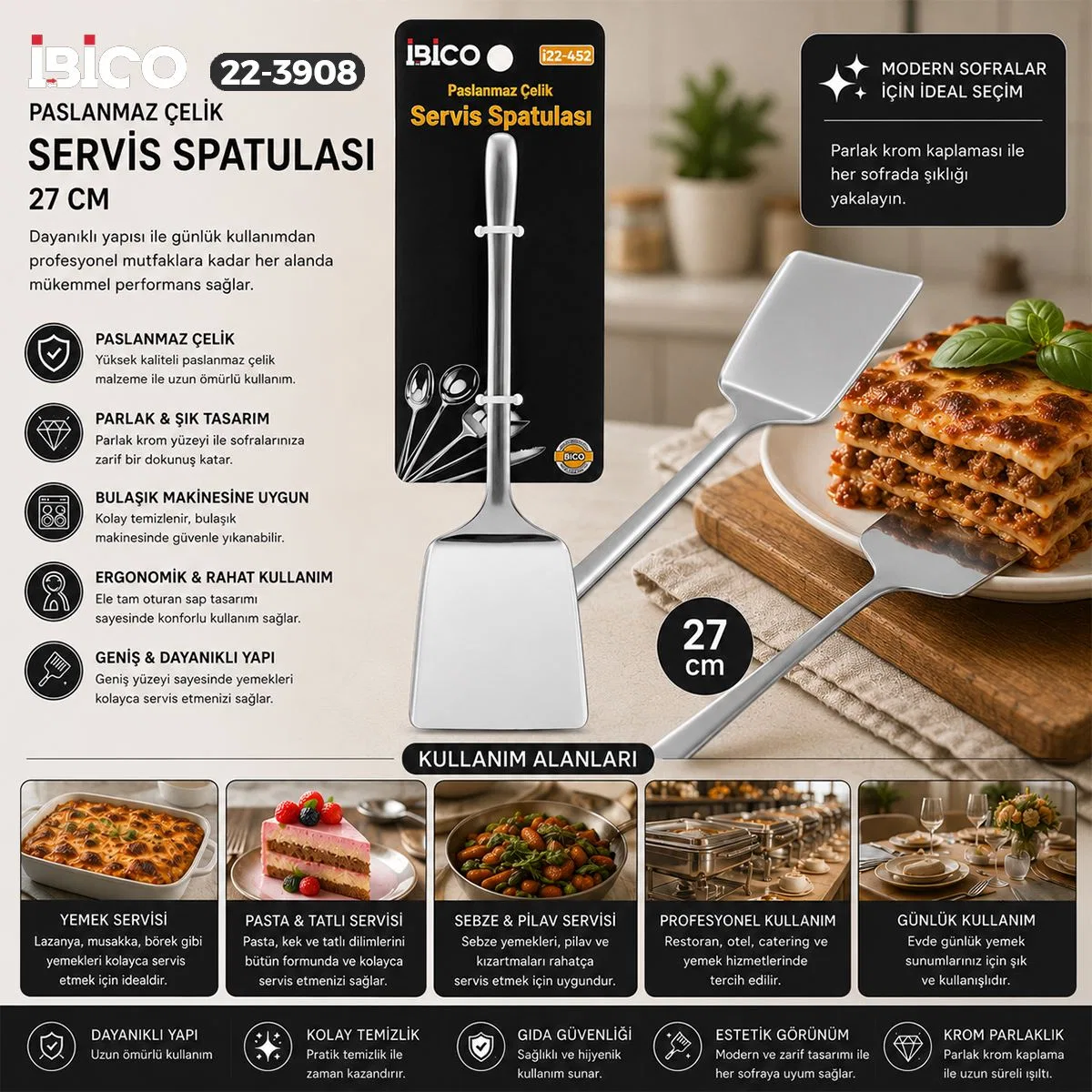Krom Kaplama Metal Servis Spatula 27 cm görsel 2