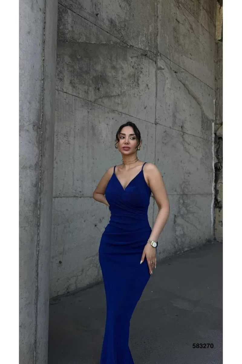 Kadın Modern Stil Mezuniyet Elbisesi V Yaka Askılı Balık Kesim Abiye Elbise görsel 6