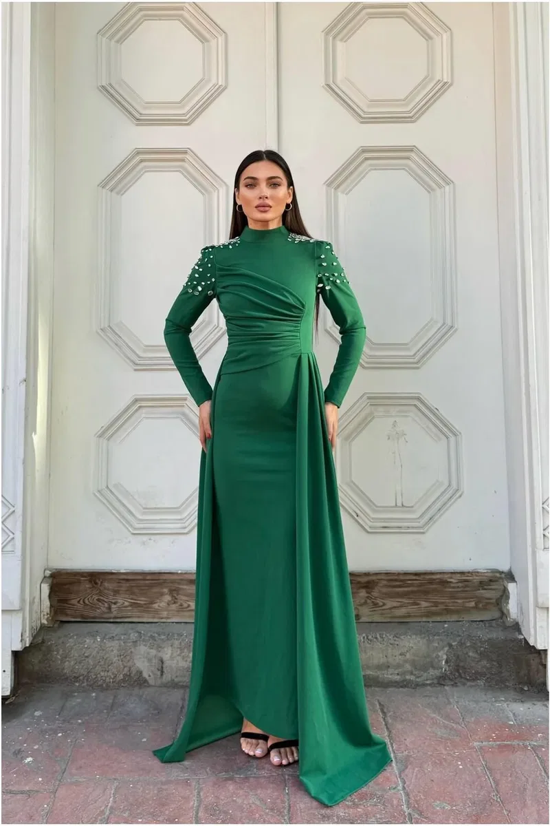 Kadın Yeni Sezon Dik Yaka Taş Detaylı Uzun Kollu Elbise görsel 5