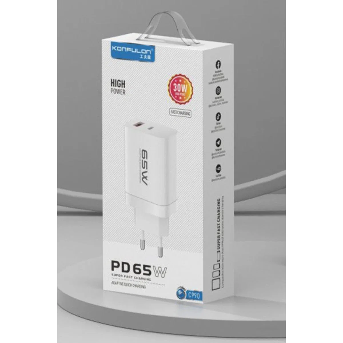 C99Q 65w Pd Destekli Type-c Ve Usb Çift Çıkışlı Hızlı Şarj Adaptörü - Beyaz görsel 4