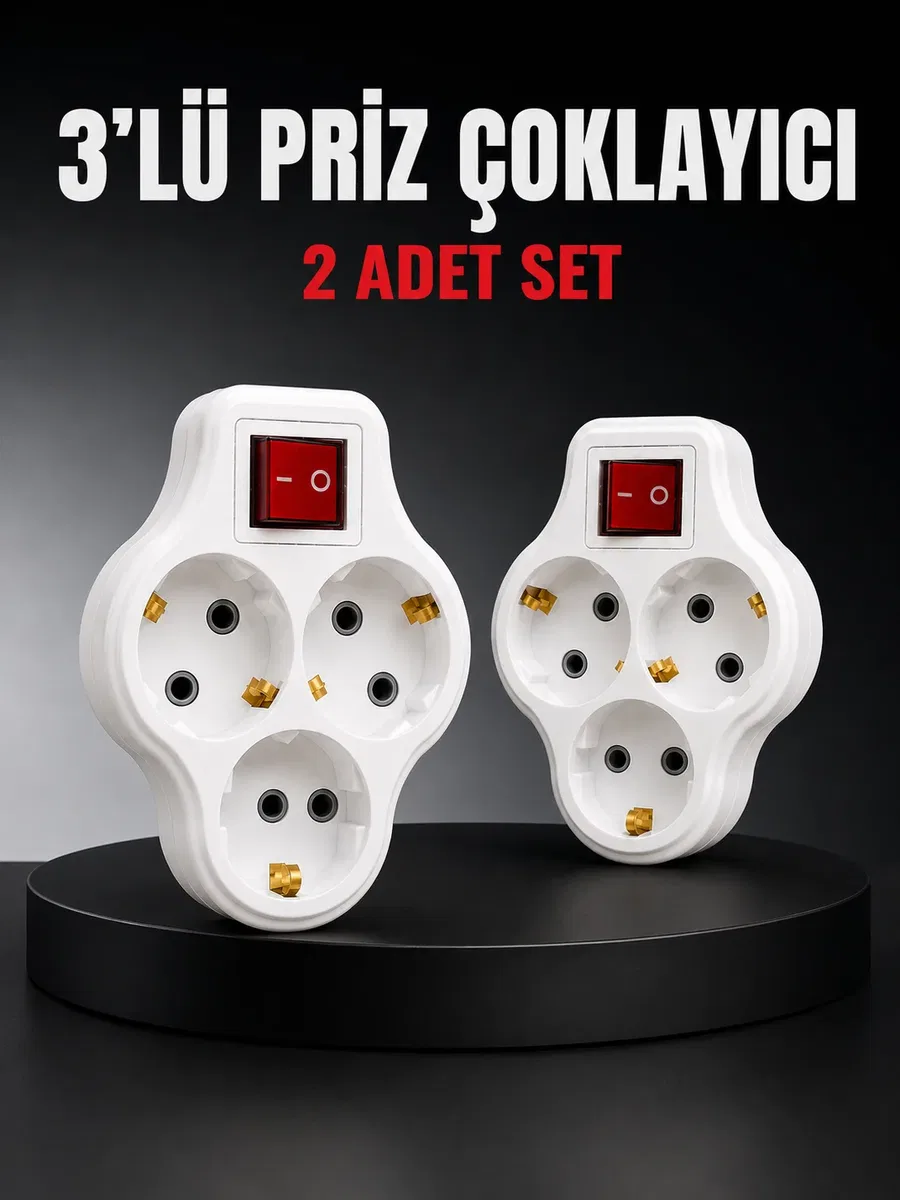 3’lü Priz Çoklayıcı 2 Adet Set Anahtarlı Kablosuz Duvar Tipi Priz Çoğaltıcı