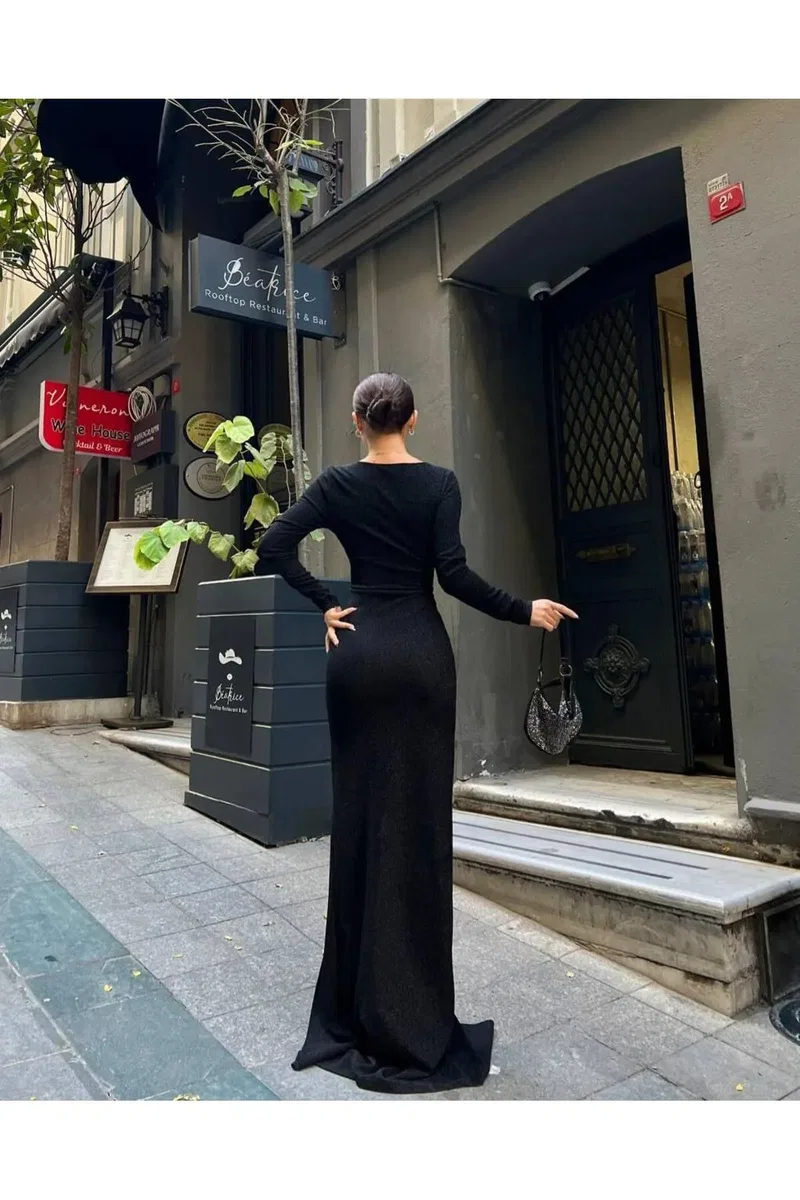 Kadın Günlük Kalp Yaka Uzun Kol Çiçekli Bodycon Elbise görsel 4