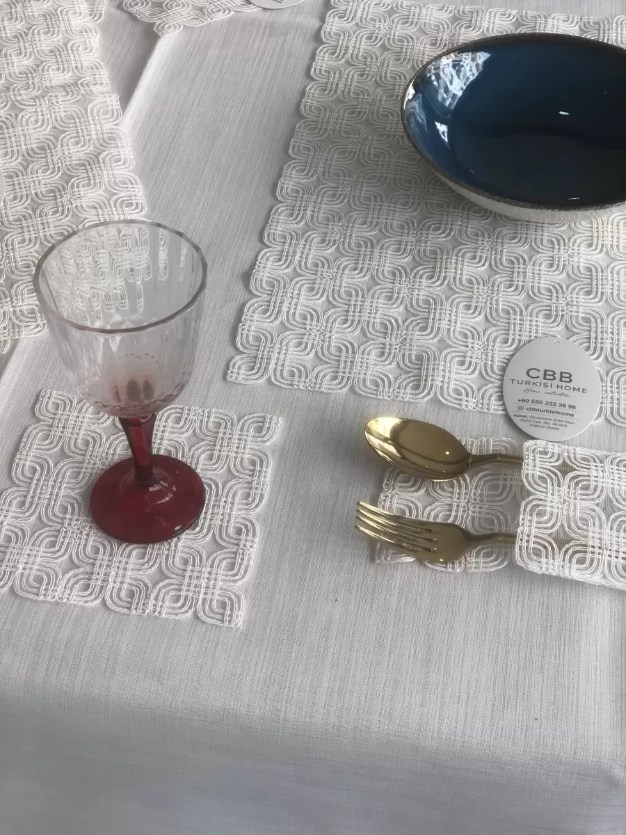 Sofra Takımı Orion Gardenya Keten Yemek Takımı 160x260 Masa Seti 26 Parça Runner Set Krem görsel 3