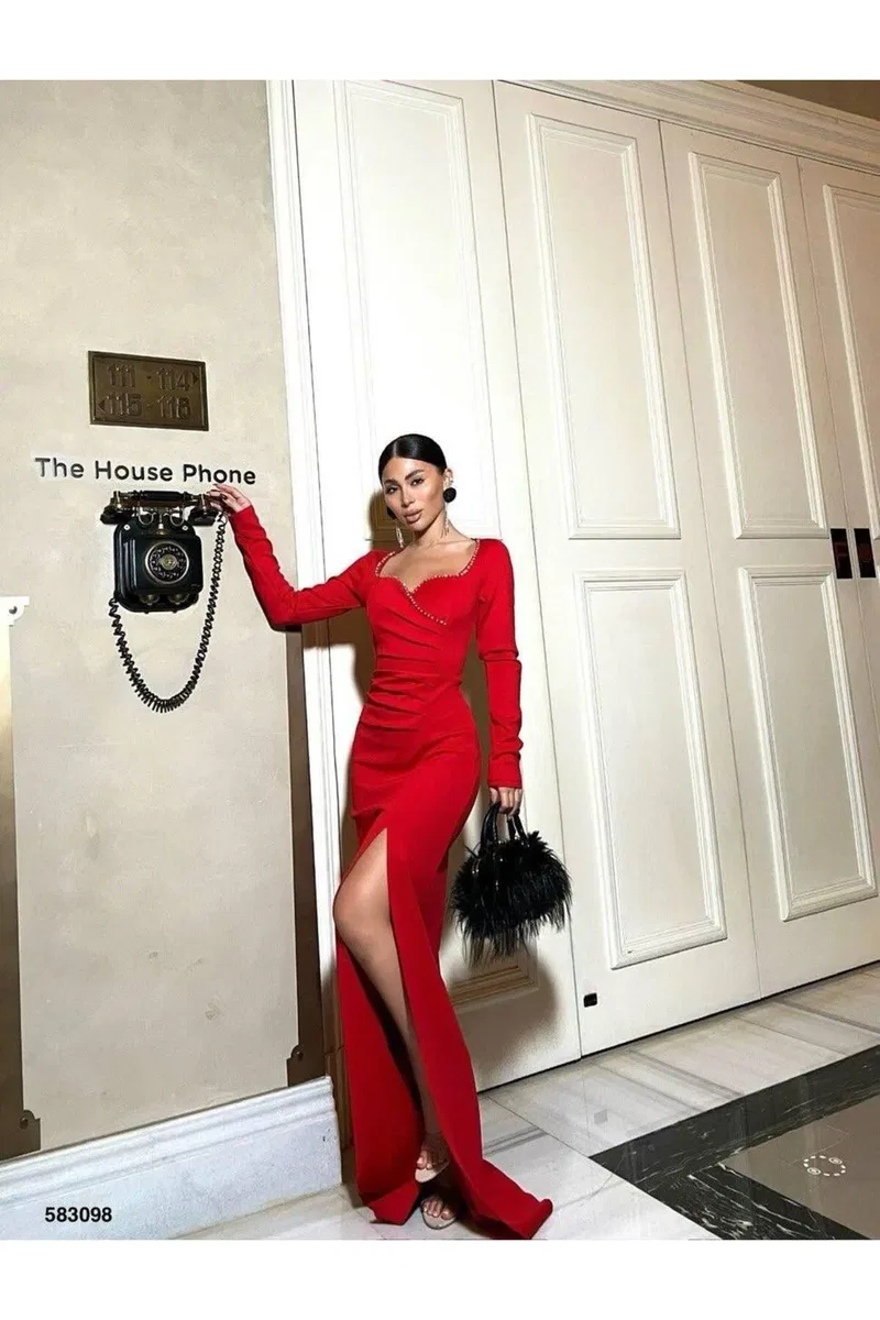Kadın Şık Tasarım Mezuniyet Elbisesi Kruvaze Büzgülü/Fırfırlı Kol Abiye Elbise görsel 5