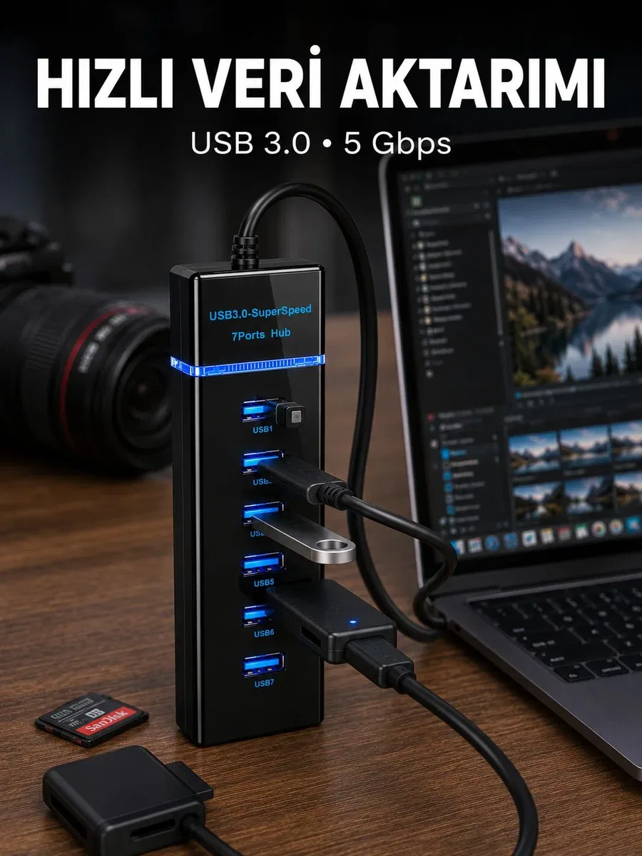 USB 3. 0 Çoklayıcı 7 Port Yüksek Hızlı Veri Aktarım