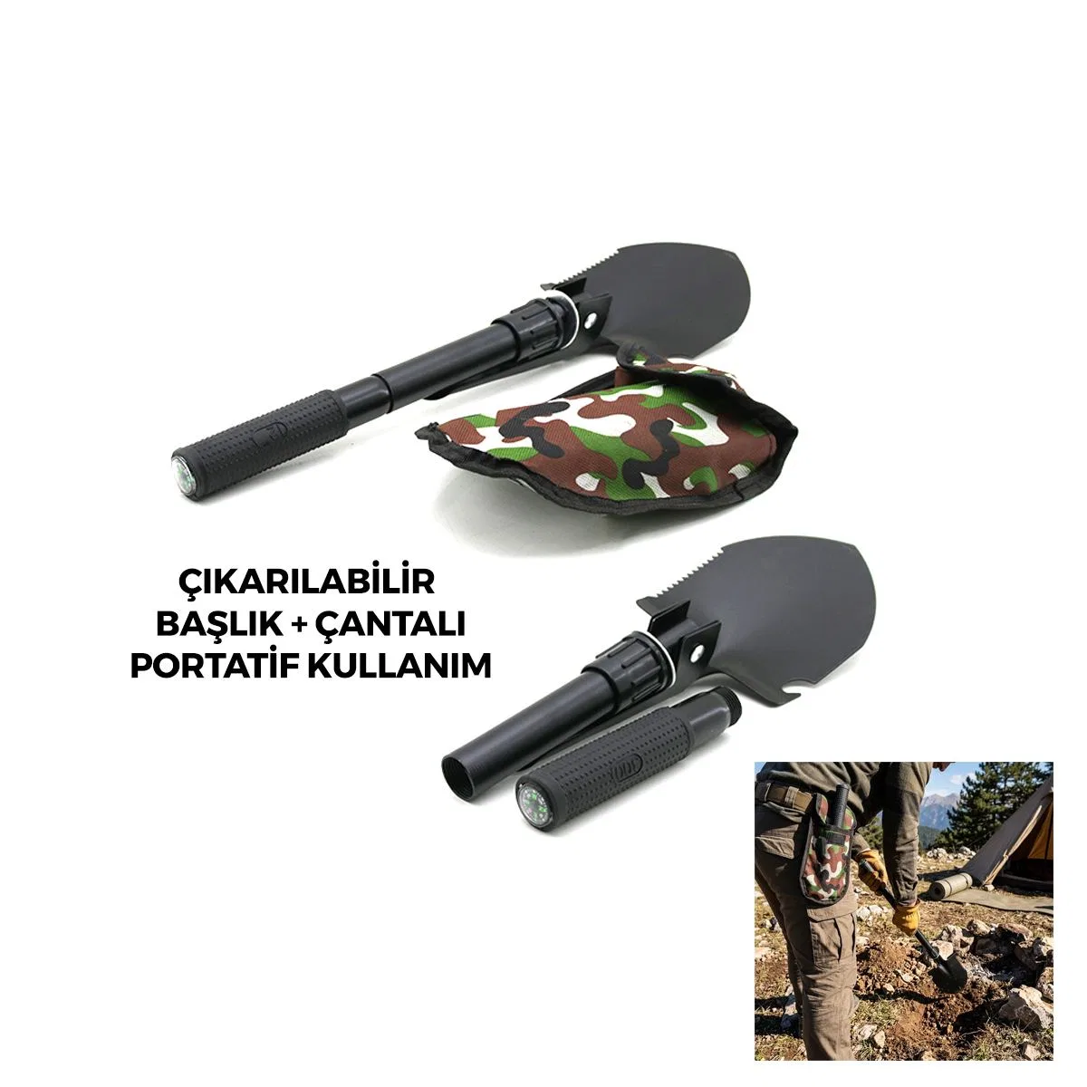 2-in-1 Katlanır Kazma Kürek - Vidalı Portatif Saplı, Pusulalı görsel 2