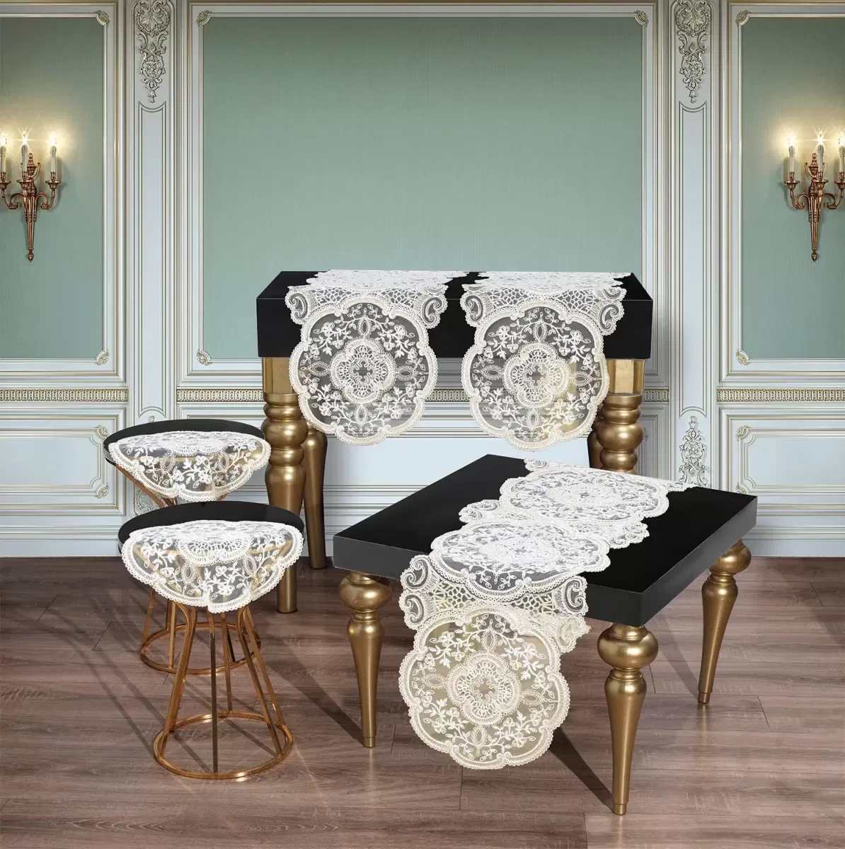 Salon Takımı 5 Parça Dantelli Masa Örtüsü Runner Seti Alya Model - Krem görsel 4