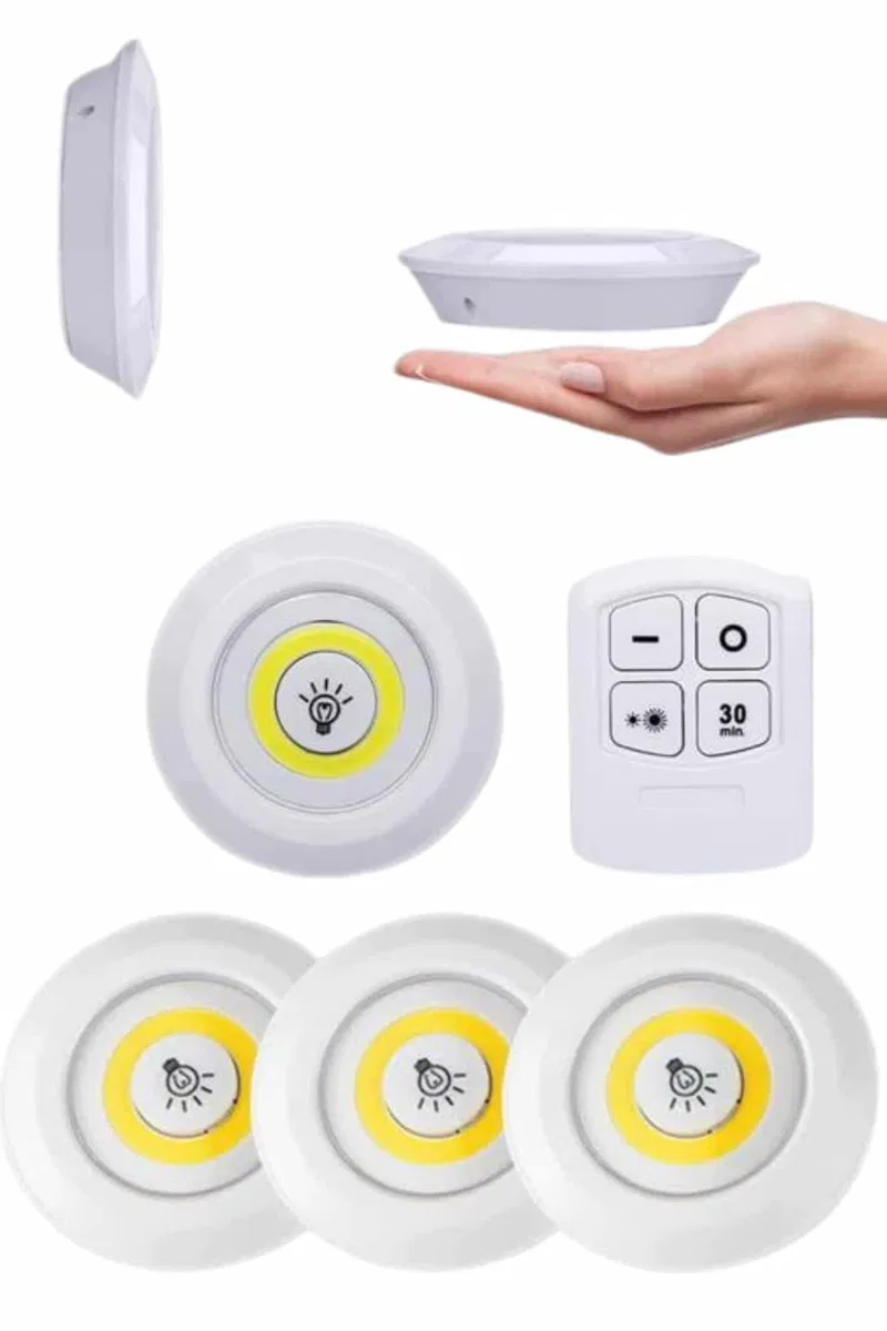 Yapışkanlı 3'lü Spot Led Işık Lamba Montajsız Pilli Uzaktan Kumandalı görsel 4