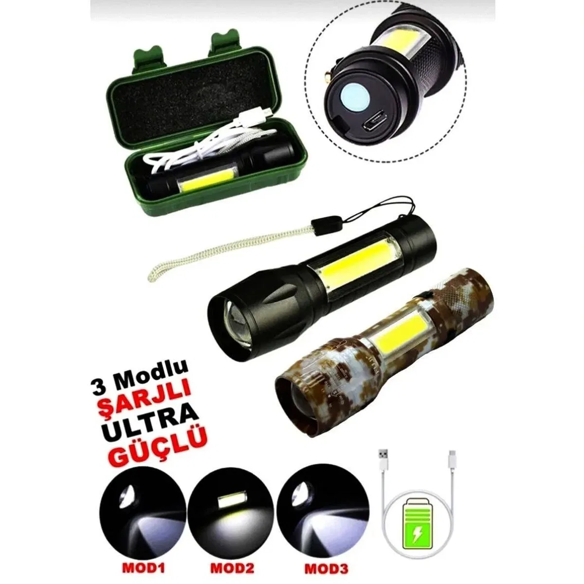 USB Şarjlı El Feneri 2 in 1 görsel 2
