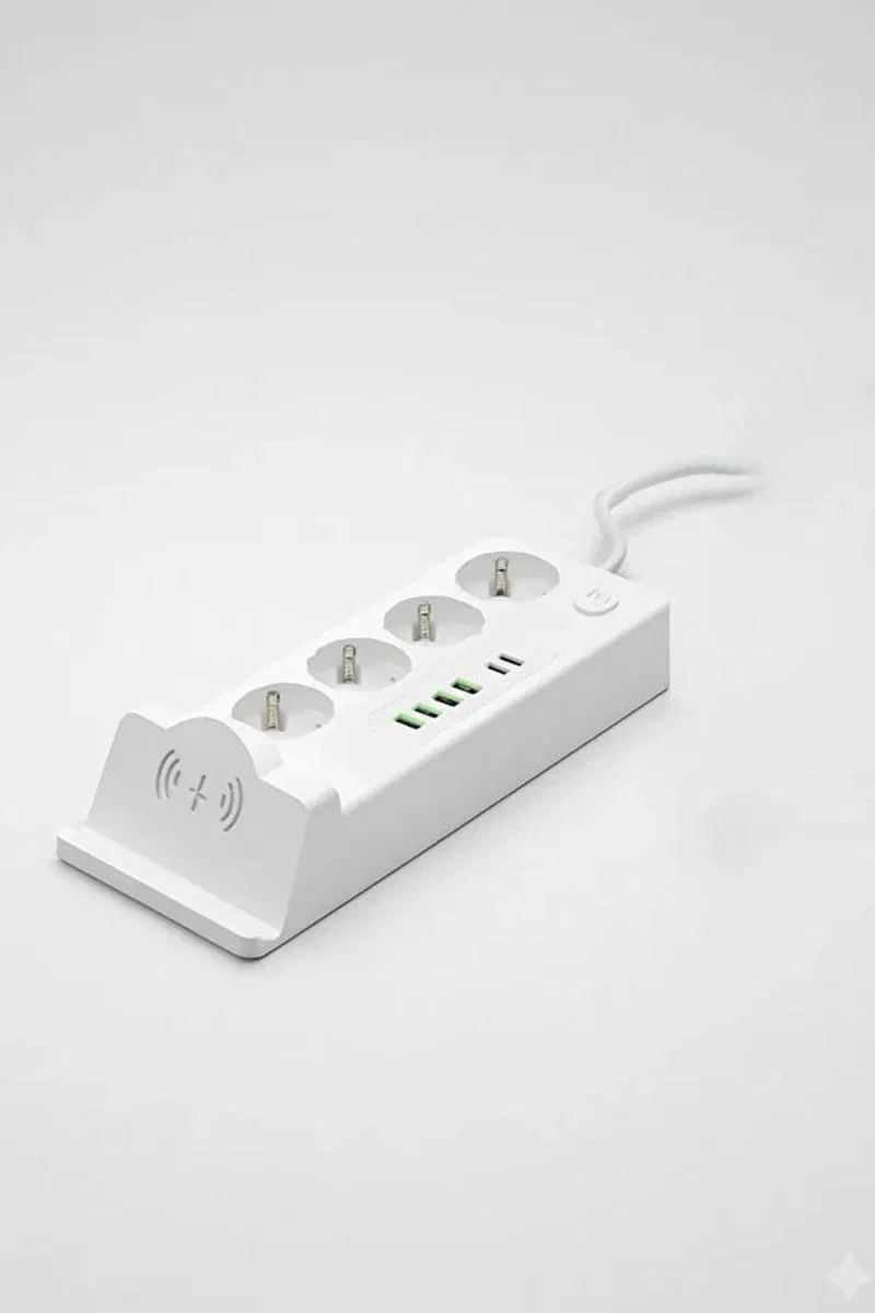 Akım Korumalı Priz Ve Masaüstü Şarj İstasyonu Kablosuz 4 Priz, 4 Usb, 2 Type-c Girişli 2 Metre görsel 4