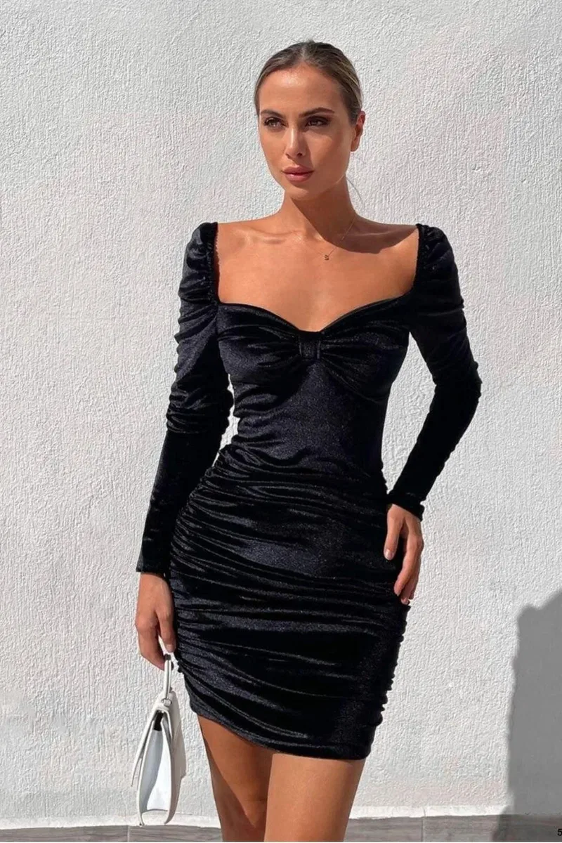 Kadın Kadife Kumaş Kalp Yaka Büzgülü Abiye Elbise görsel 2