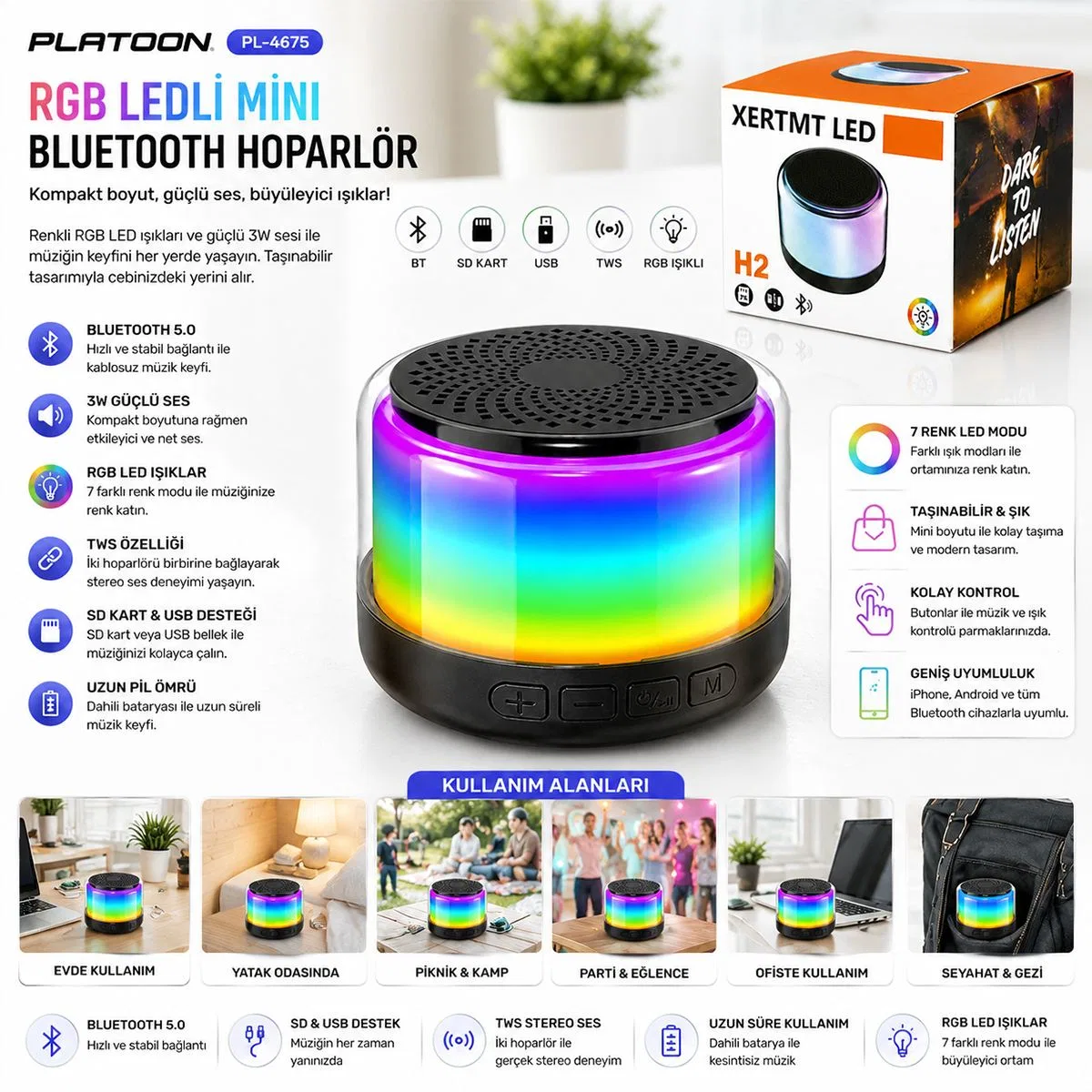 Bluetooth Hoparlör 3W RGB USB/SD Şarjlı görsel 3