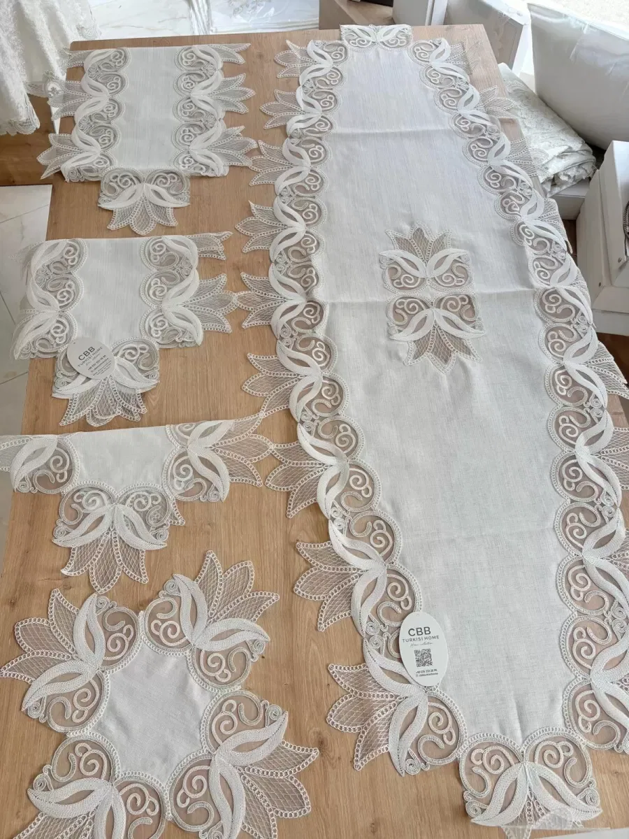 Salon Takımı Çeyizlik Kreme Gümüş Runner Set 5 Parça Keten Ranır Masa Konsol Sehpa Örtüsü Kayla görsel 4