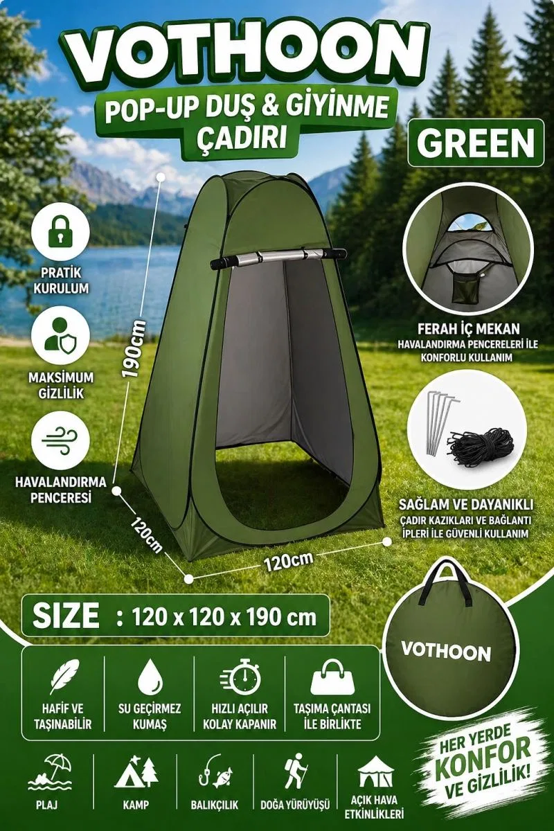 Otomatik Kabin Giyinme Çadırı 120x120x190 Cm Üst Havalandırma Yan Pencereli Duş & Wc Çadırı