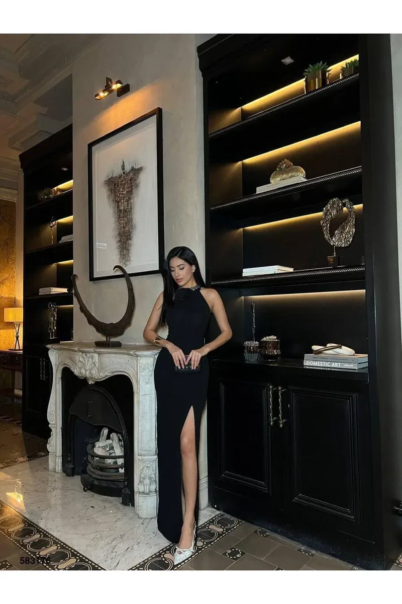 Kadın Şık Model V Yaka Standart Kol Krep Kumaş A Kesim Abiye Elbise