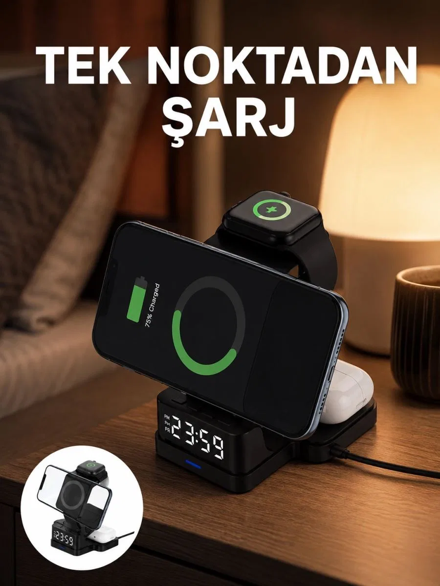 Led Dijital Saatli Kablosuz Şarj Cihazı – 3 Parlaklık Ayarlı, Şarj Koruma Teknolojili Yeni Nesil
