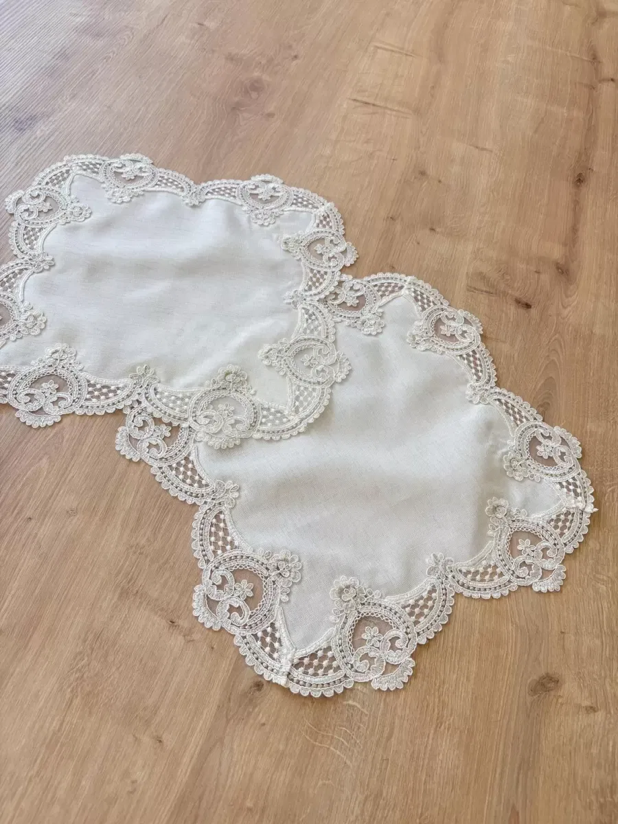 Salon Takımı Çeyizlik Krem Runner Seti 5 Parça Keten Ranır Masa Konsol Sehpa Örtüsü Taç MAhal görsel 7