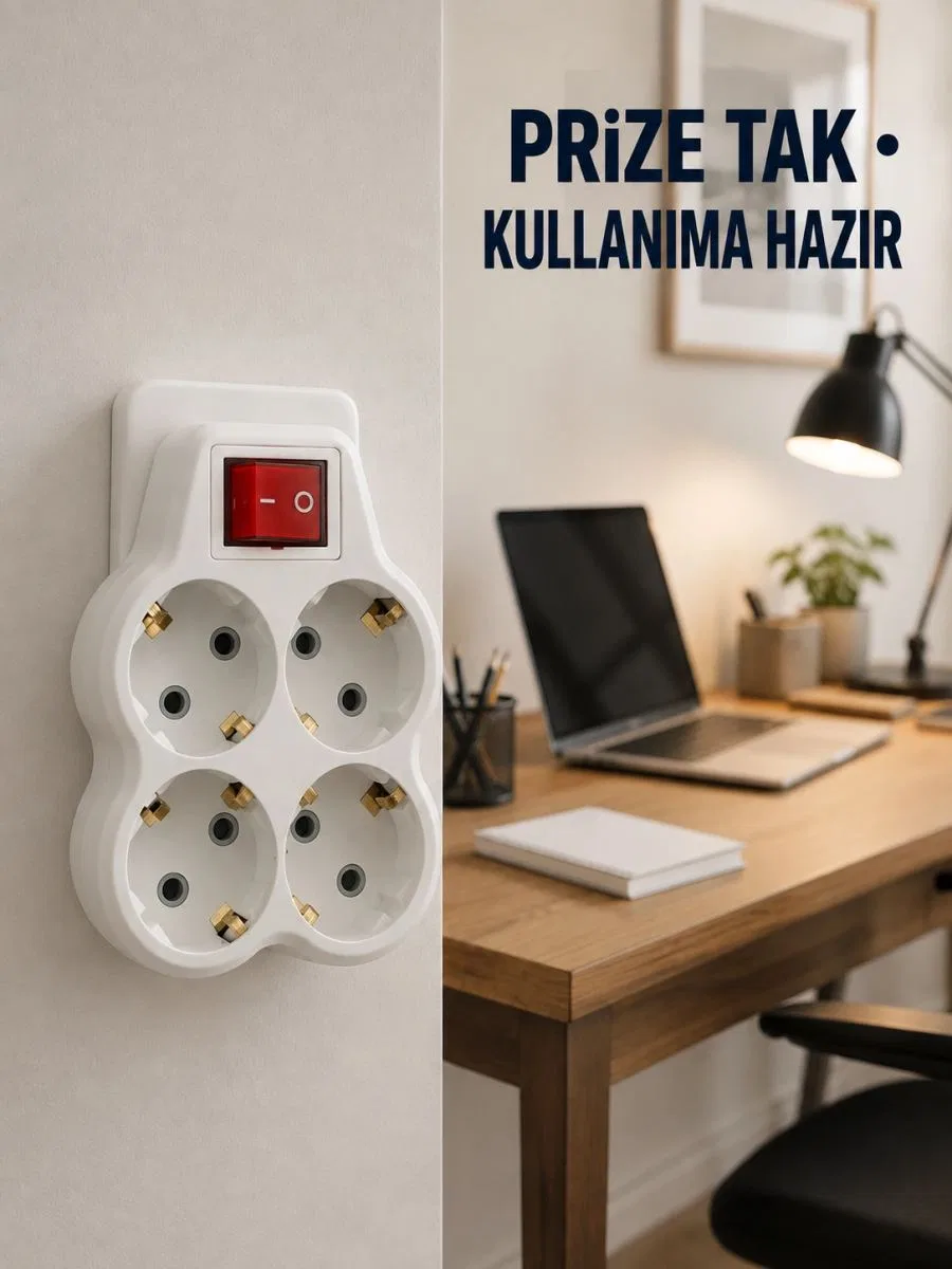 Duvar Priz Çoğaltıcı 4 Çıkışlı Açma Kapama Düğmeli Kablosuz Priz Adaptörü