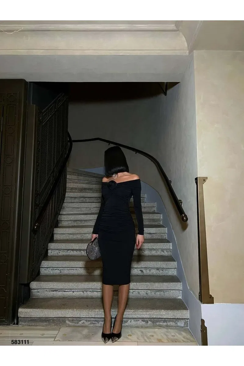 Kadın Modern Stil Kayık Yaka Uzun Kol Bodycon Midi Elbise görsel 7