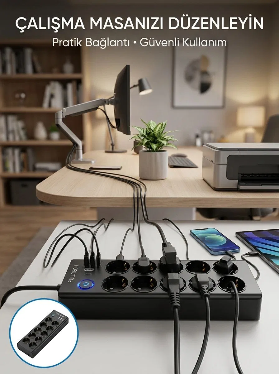 Akım Korumalı 10'lu Çoklu Priz Usb-a Ve Type-c Şarj Çıkışlı