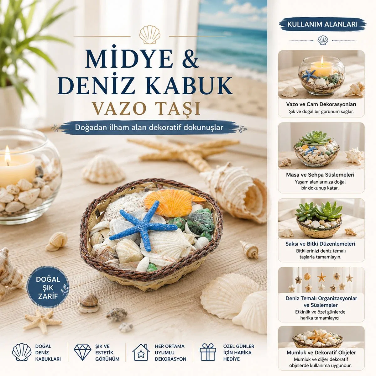 Midye ve Deniz Kabuk Vazo Taşı - Renkli Mix, Ahşap Sepetli (Küçük Kare) görsel 2