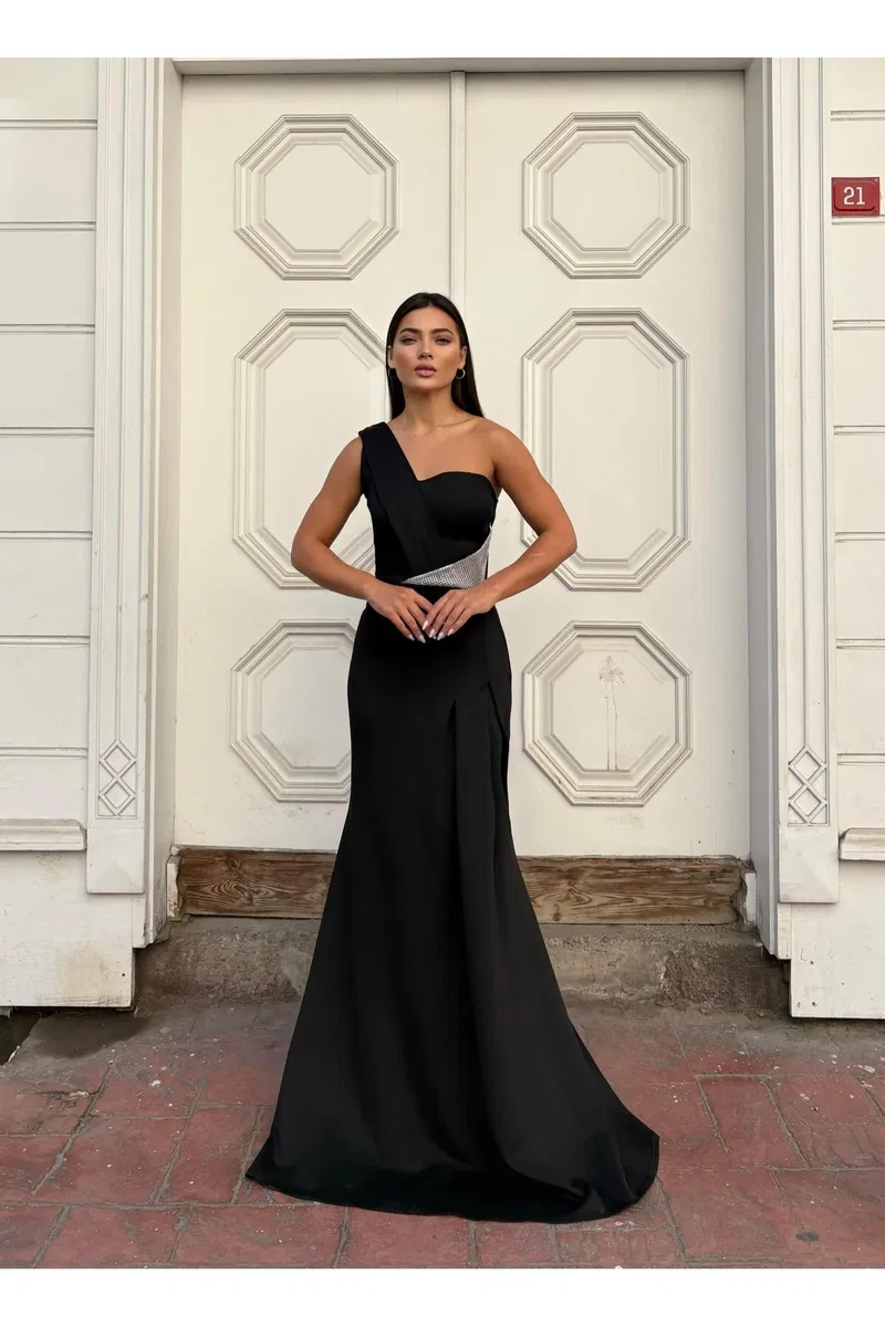 Kadın Klasik Tek Omuz Kolsuz Balık Kesim Abiye Elbise görsel 5