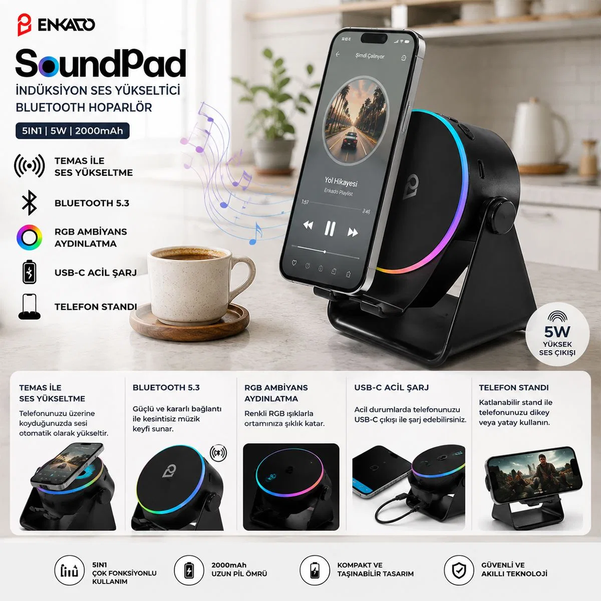 Bluetooth Soundpad Hoparlör 5W 2000mAh (Telefon Standı, USB-C) görsel 6