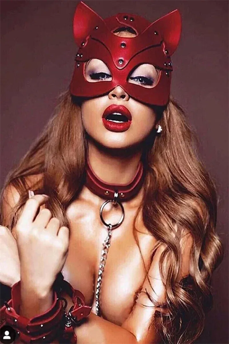 Kırmızı Maske, Tasma ve Harness Deri Set görsel 5