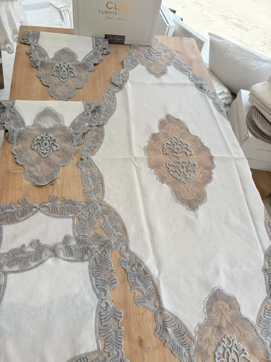 Salon Takımı Çeyizlik Krem Gri Runner Set 5 Parça Keten Masa Örtüsü Runneri Evalina görsel 5