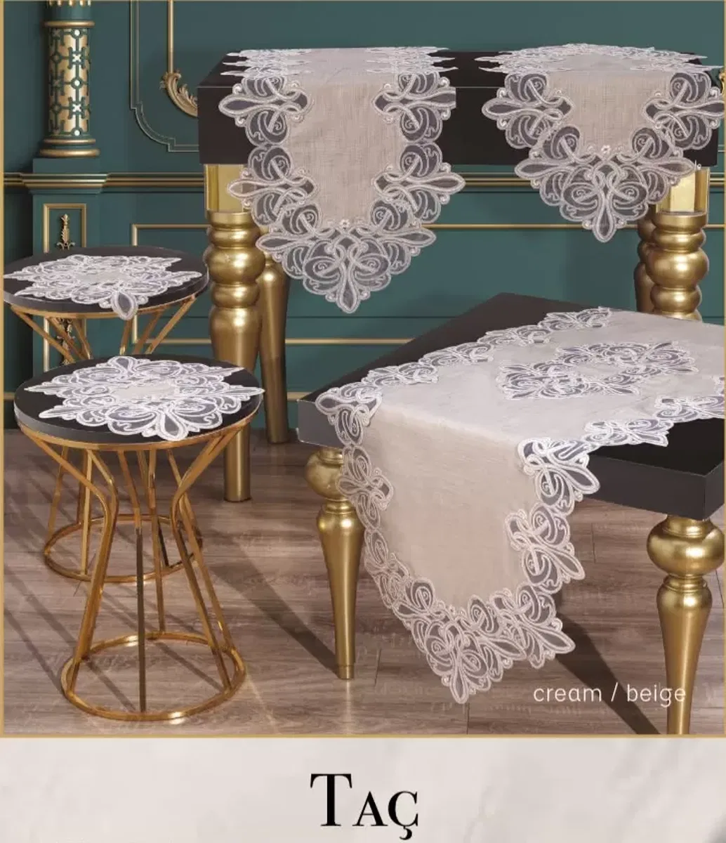 Salon Takımı 5 Parça Dantelli Keten Masa Örtüsü Runner Seti Çeyizlik Taç Model Krem görsel 3