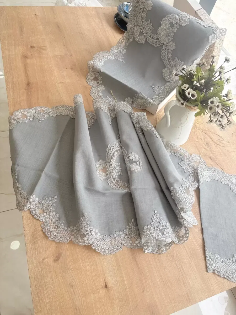 Firuze Model Gri 5 Parça Keten Dantelli Runner Seti Çeyizlik Salon Takımı görsel 4