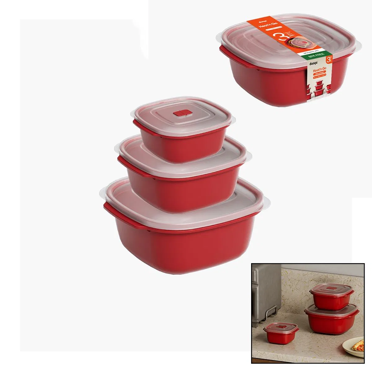 Kırmızı Kare Saklama Kabı Seti 3'lü (550/1100/2200 ml) görsel 4