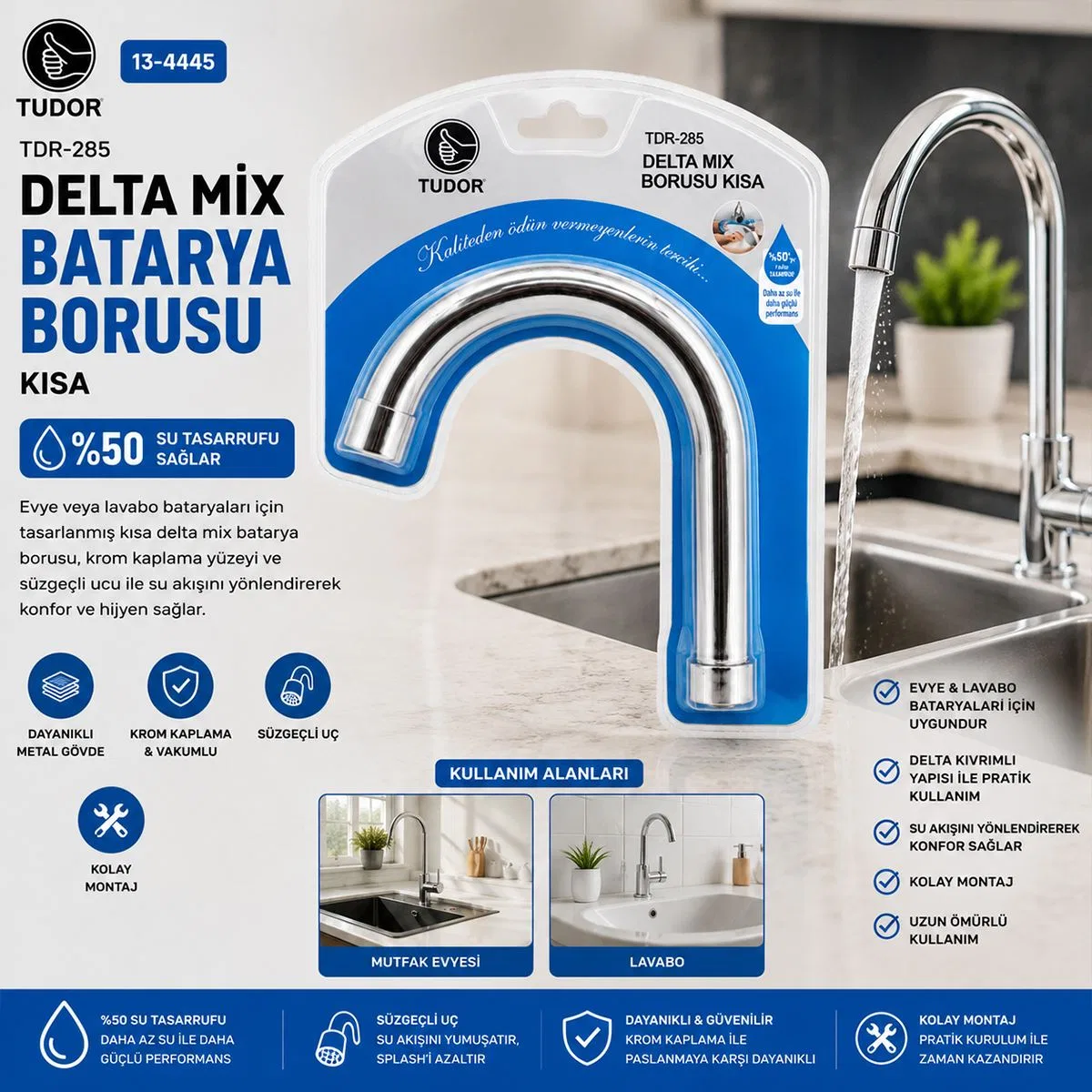 Kısa Evye-Lavabo Batarya Borusu (Krom, Süzgeçli Uç) görsel 2