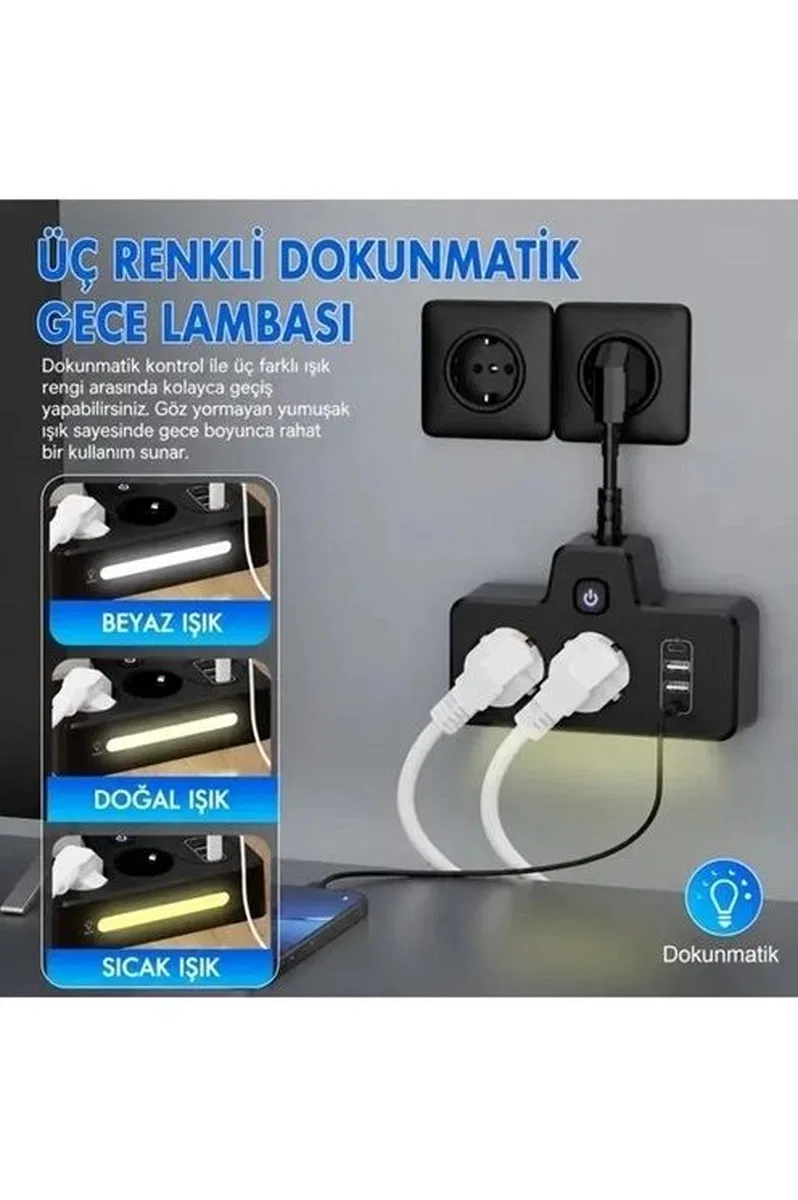 Bkl-502 Akım Korumalı 2li Priz 2 Usb Ve 2 Type-c Çıkış 4000w Hızlı Şarj Duvar Tipi Dokunmatik Led Aydınlatmalı görsel 2