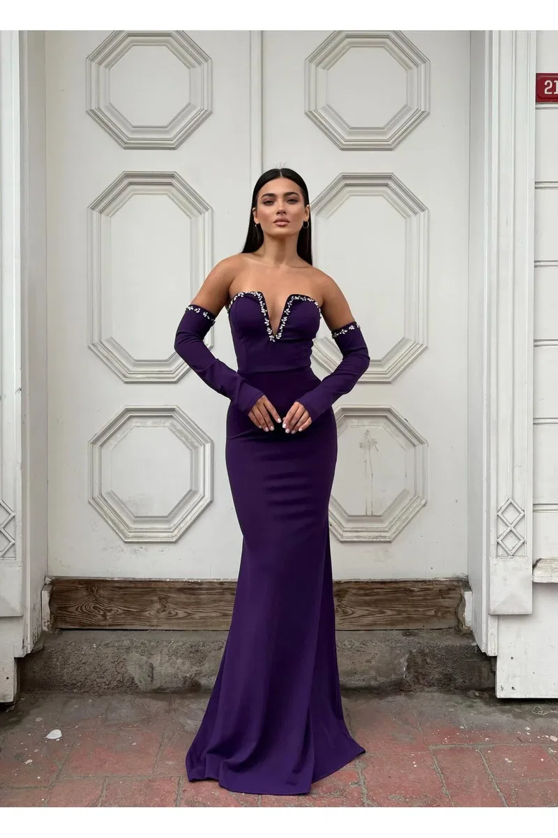 Kadın El Emeği V Yaka Uzun Kol Krep Kumaş Abiye Elbise görsel 3