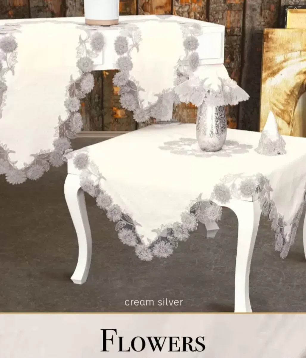 Flowers Model Krem 5 Parça Keten Dantelli Runner Seti Lüks Salon Takımı görsel 5