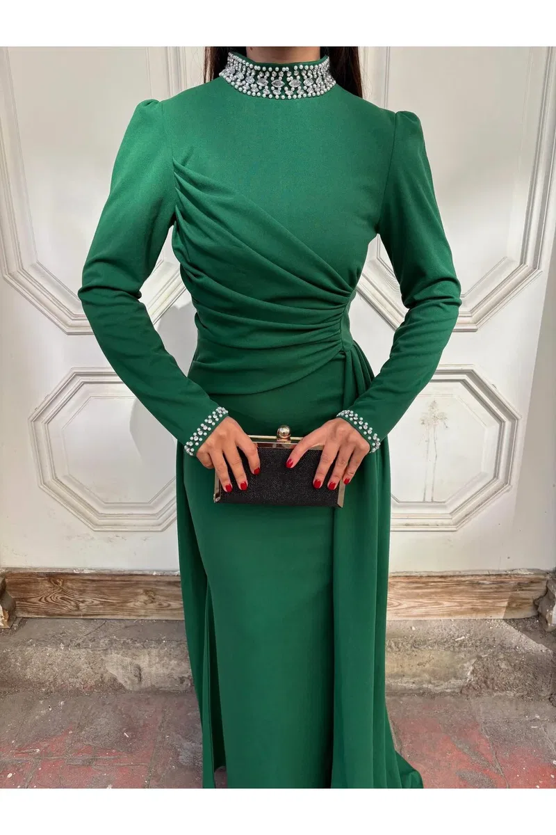 Kadın Vintage Boyundan Bağlamalı Uzun Kol A Kesim Elbise görsel 3