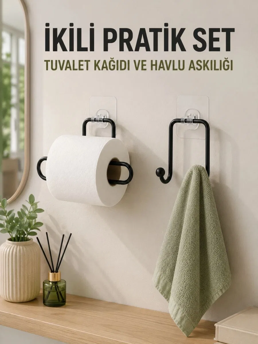 Duvara Yapışkanlı 2’li Düzenleme Seti Havlu Askısı Ve Tuvalet Kağıdı Tutucu