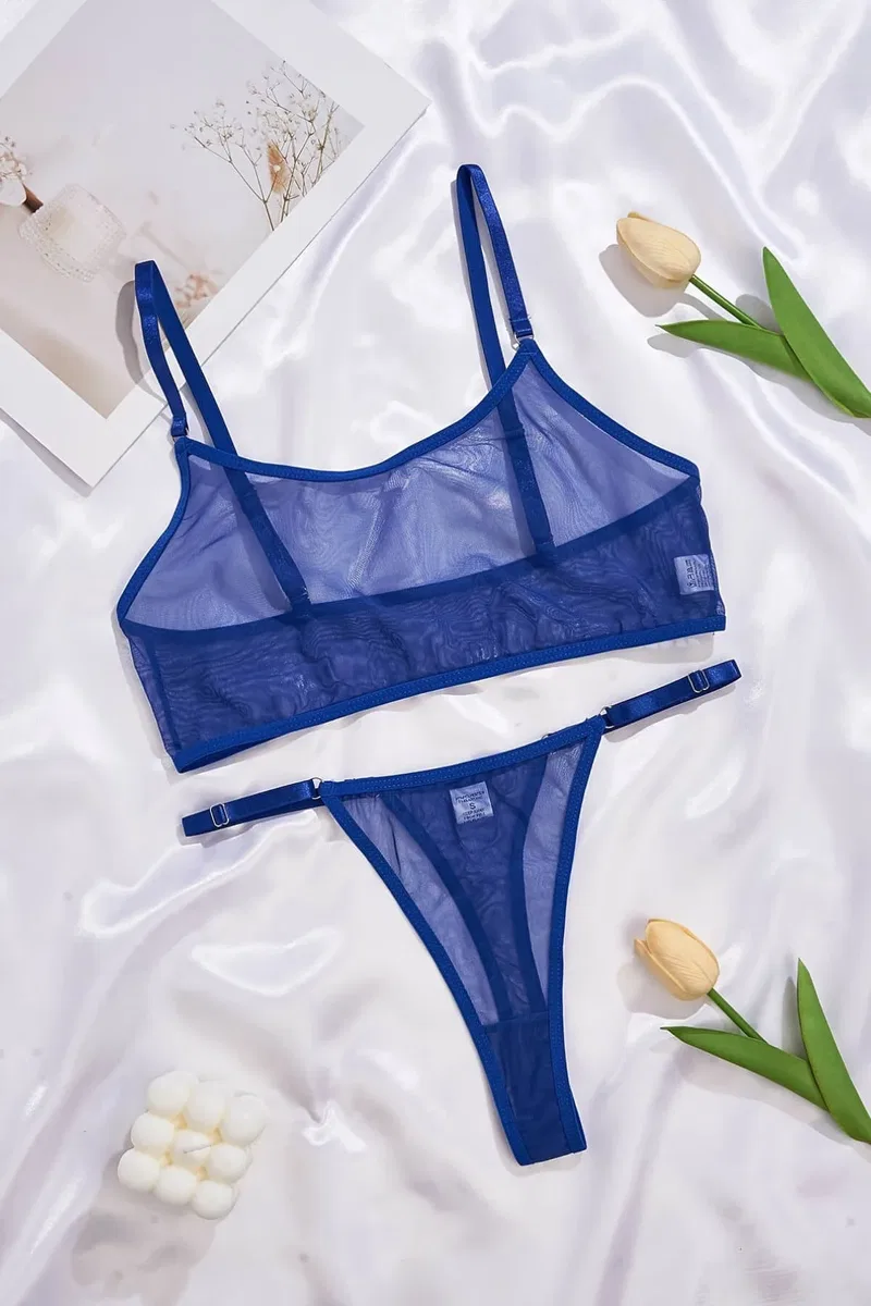 Kadın Şık Tasarım Mavi Tül Bralet Tanga İç Giyim Takımı görsel 4