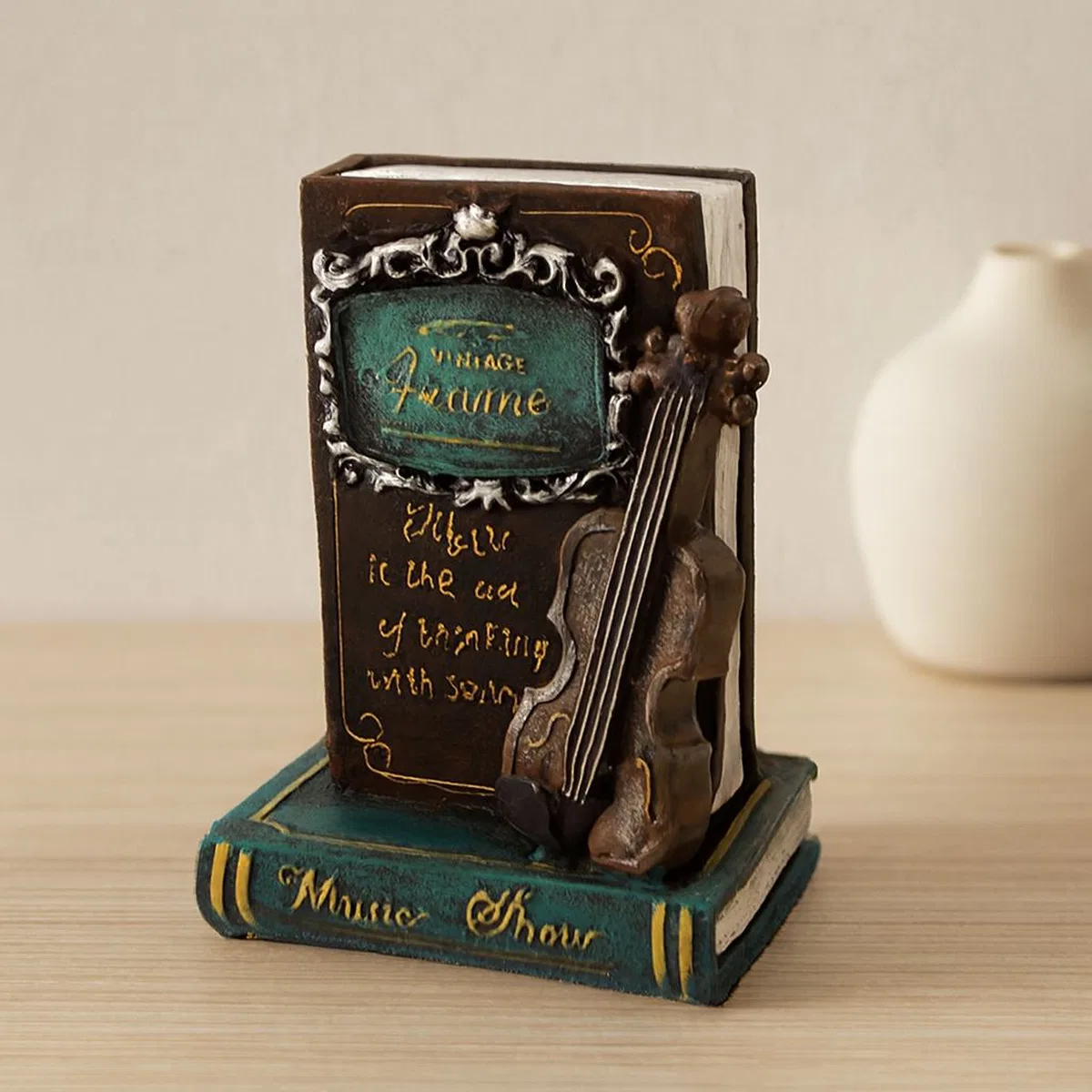 Vintage Gitar ve Kitap Figürlü Dekoratif Biblo Kumbara 21x14x10 cm