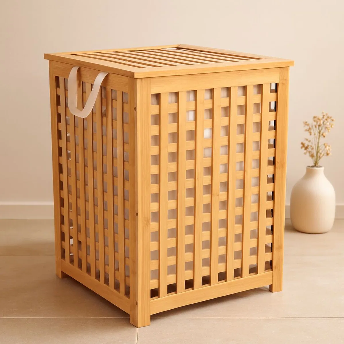 Kalın Bambu Kirli Çamaşır Sepeti 45x45x62 cm - Kumaş Çantalı görsel 2