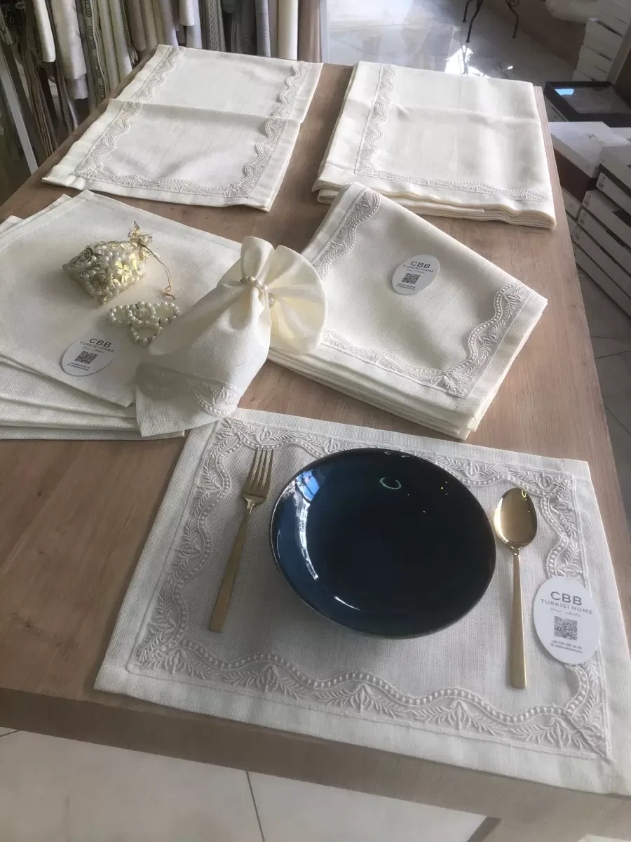 Sofra Takımı Lina Gardenya Keten Yemek Takımı 160x260 Masa Seti 12 Kişilik 26 Parça Runner Set Krem görsel 6