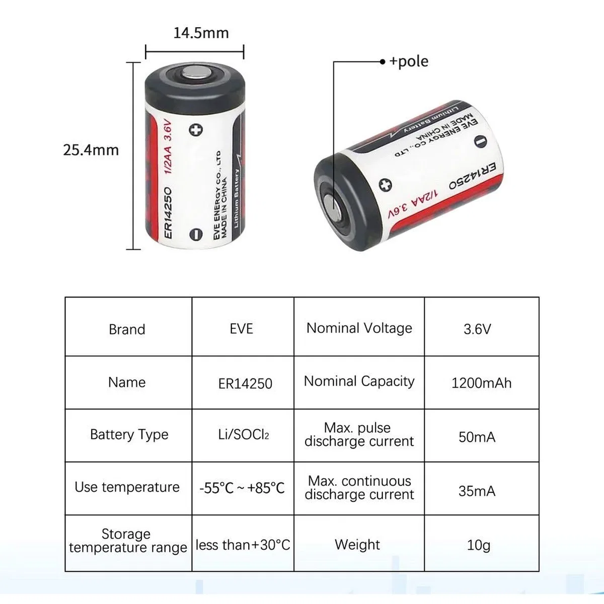 Eve Er14250 1/2aa Size 3. 6v 1200 Mah Şarjsız Li-socl2 Lithium Pil görsel 5