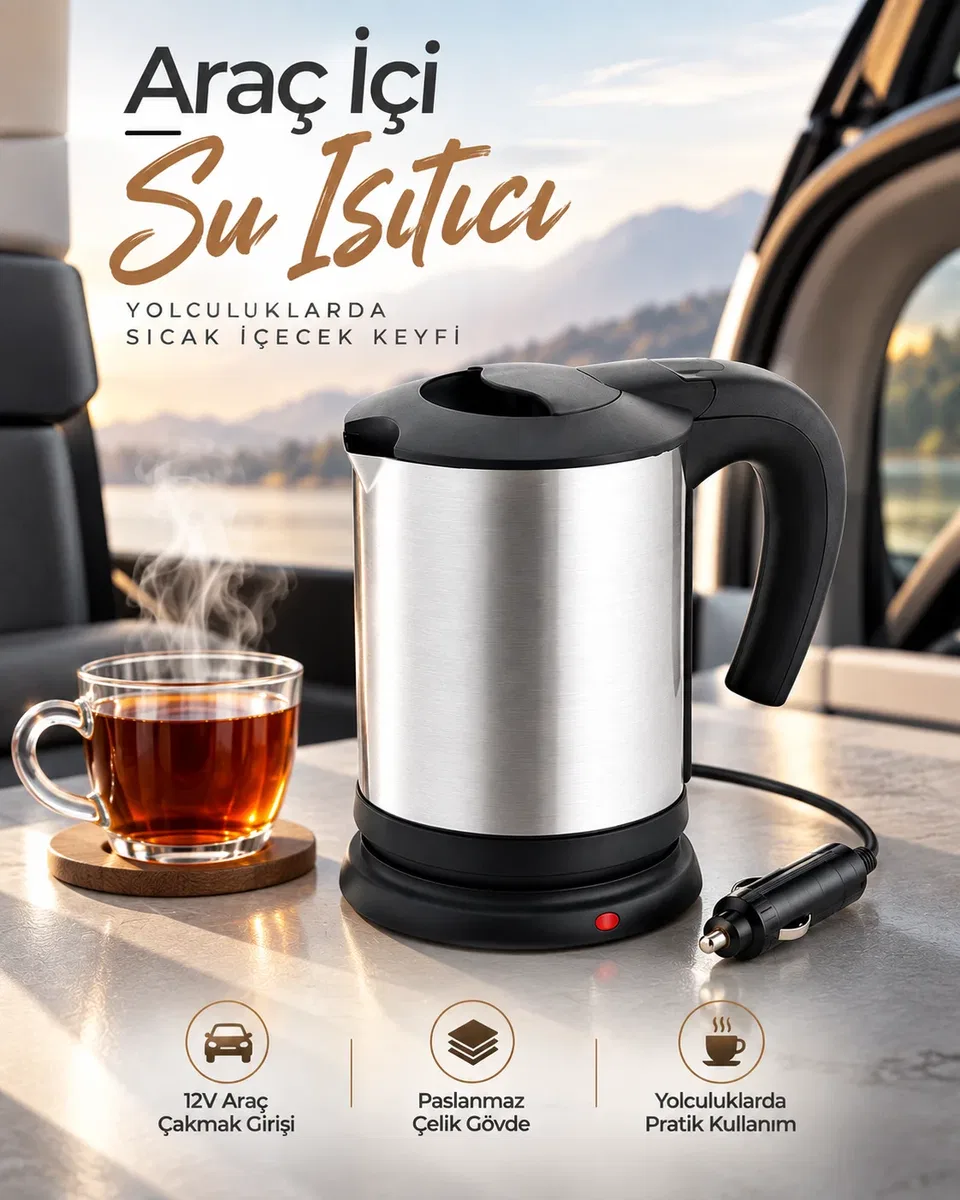 Araç İçi Kullanıma Uygun 12V Elektrikli Su Isıtıcı Paslanmaz Çelik Gövdeli Pratik Kettle