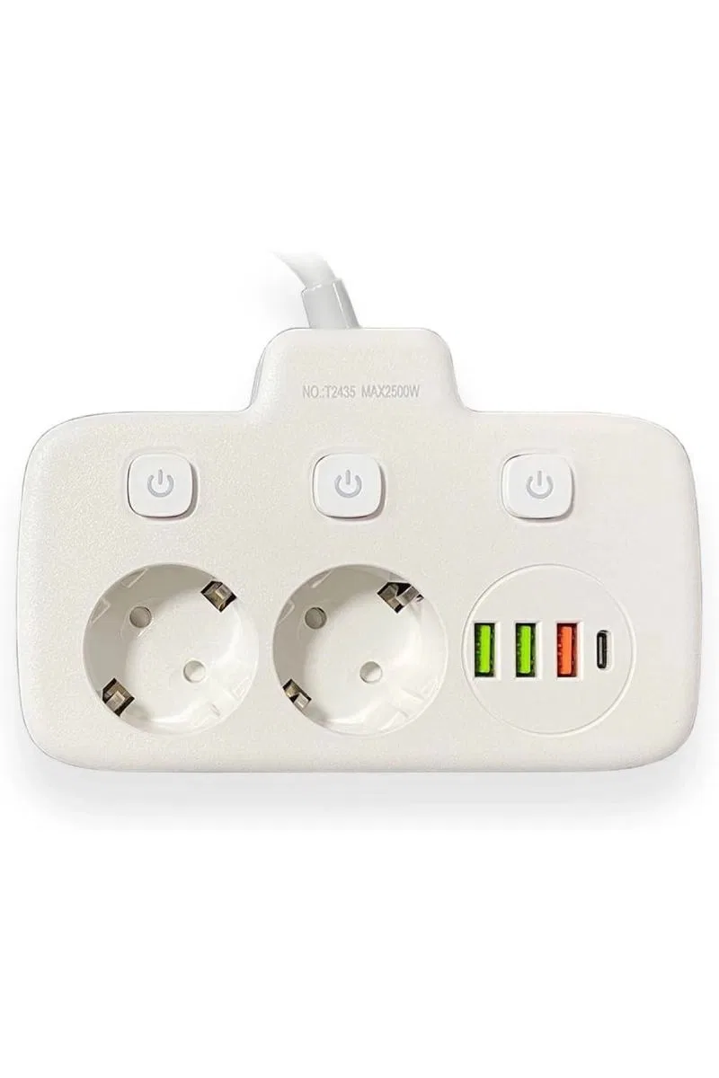 Akım Korumalı 2’li Ayrı Anahtarlı Priz, 2x Priz, 3x Usb, 1x Type-c, 2 Mt Kablo, Hızlı Şarj görsel 3