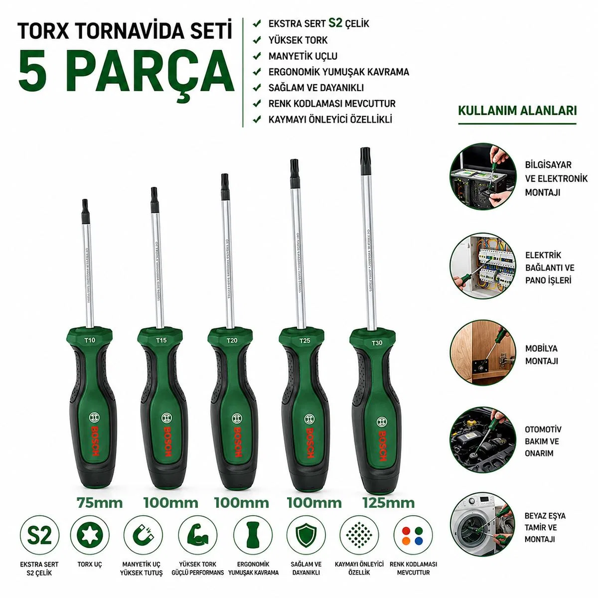 5 Parça Torx Tornavida Seti (TX10-TX30, 75-125 mm) görsel 2