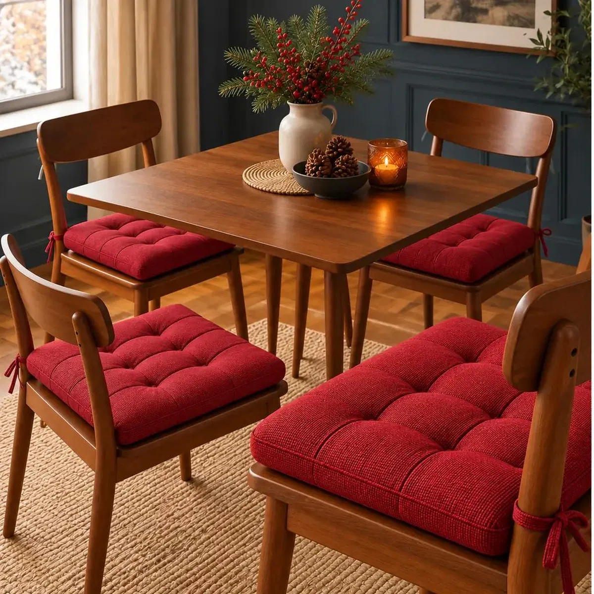 4’lü Kapitone Bağcıklı Sandalye Minderi · 40 × 40 × 3 cm · Kırmızı · 40 × 40 × 3 cm · 4 adet görsel 2